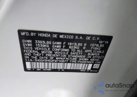 2015 Honda Fit Lx z USA, uszkodzony, nr VIN 3HGGK5H52FM740677